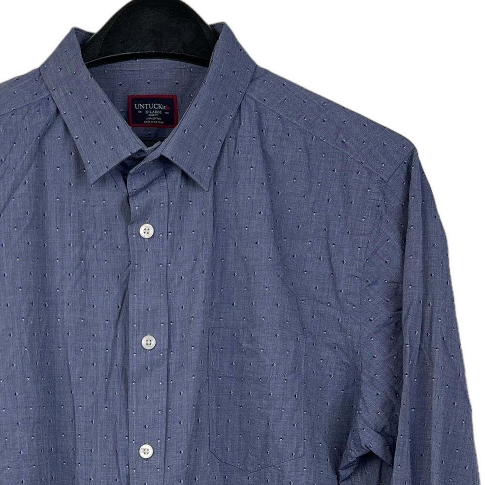 UNTUCKit Mens XL Slim Fit Polka‎ Dot 100% Cotton Long Sleeve Button Up Blue